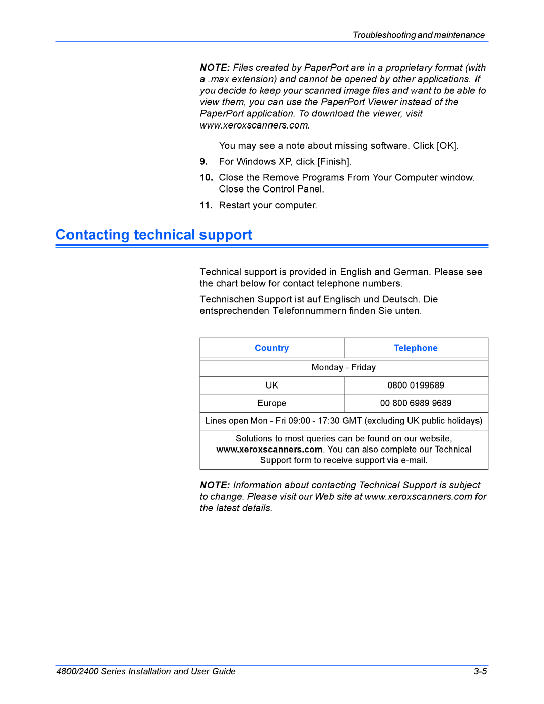 Xerox 2400, 4800 manual Contacting technical support, Country Telephone 