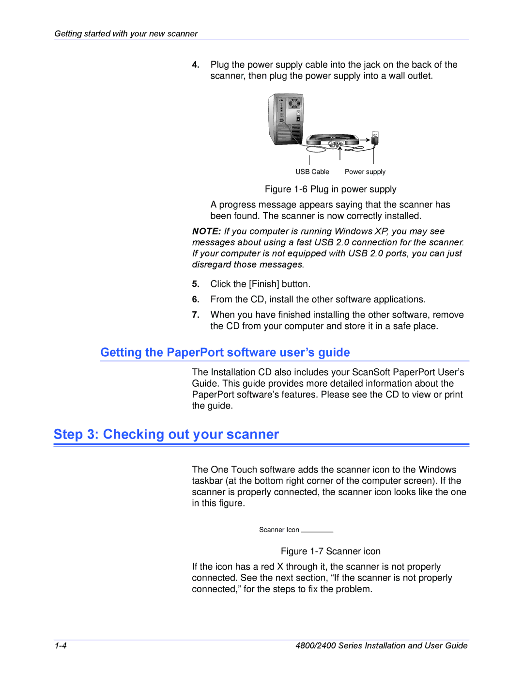 Xerox 4800, 2400 manual Checking out your scanner, Getting the PaperPort software user’s guide 