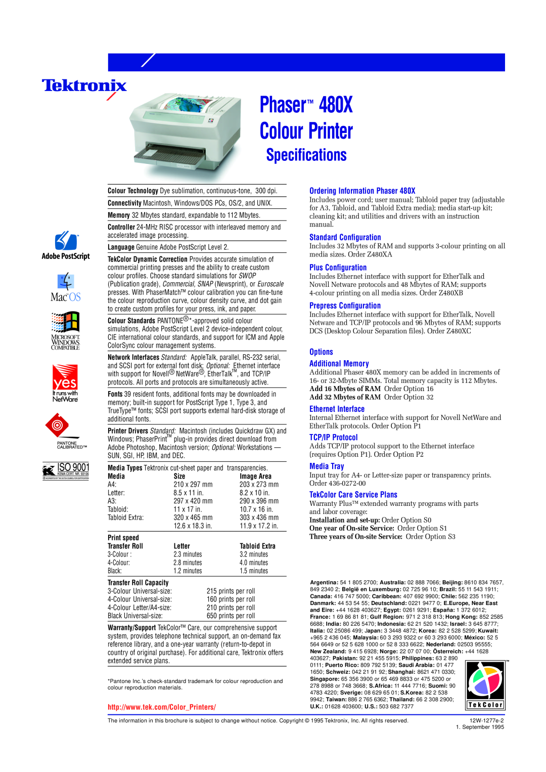 Xerox Specifications, Phaser 480X Colour Printer, Ordering Information Phaser, Standard Configuration, TCP/IP Protocol 