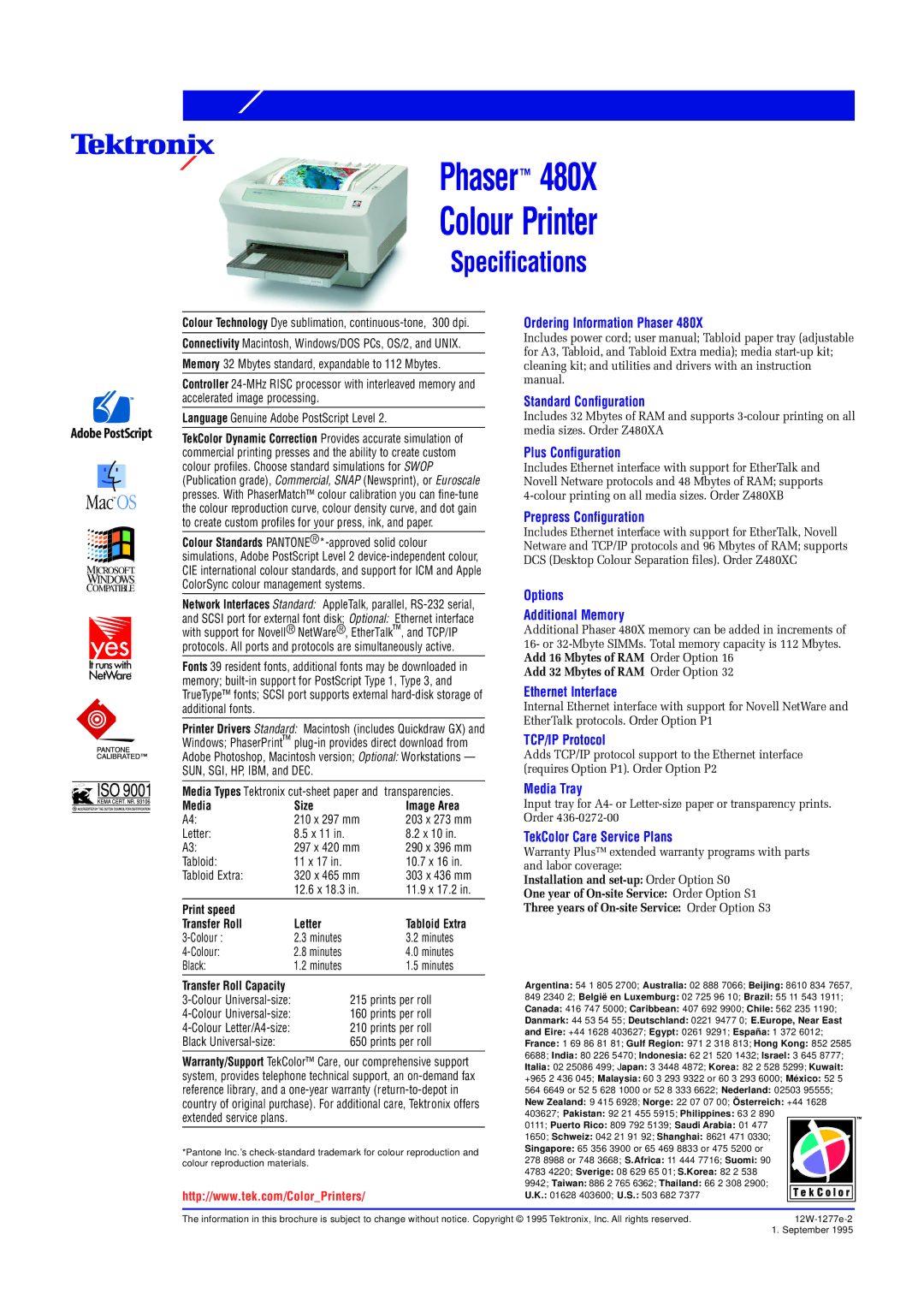 Xerox 480X Ordering Information Phaser Standard Configuration, Plus Configuration, Prepress Configuration, TCP/IP Protocol 