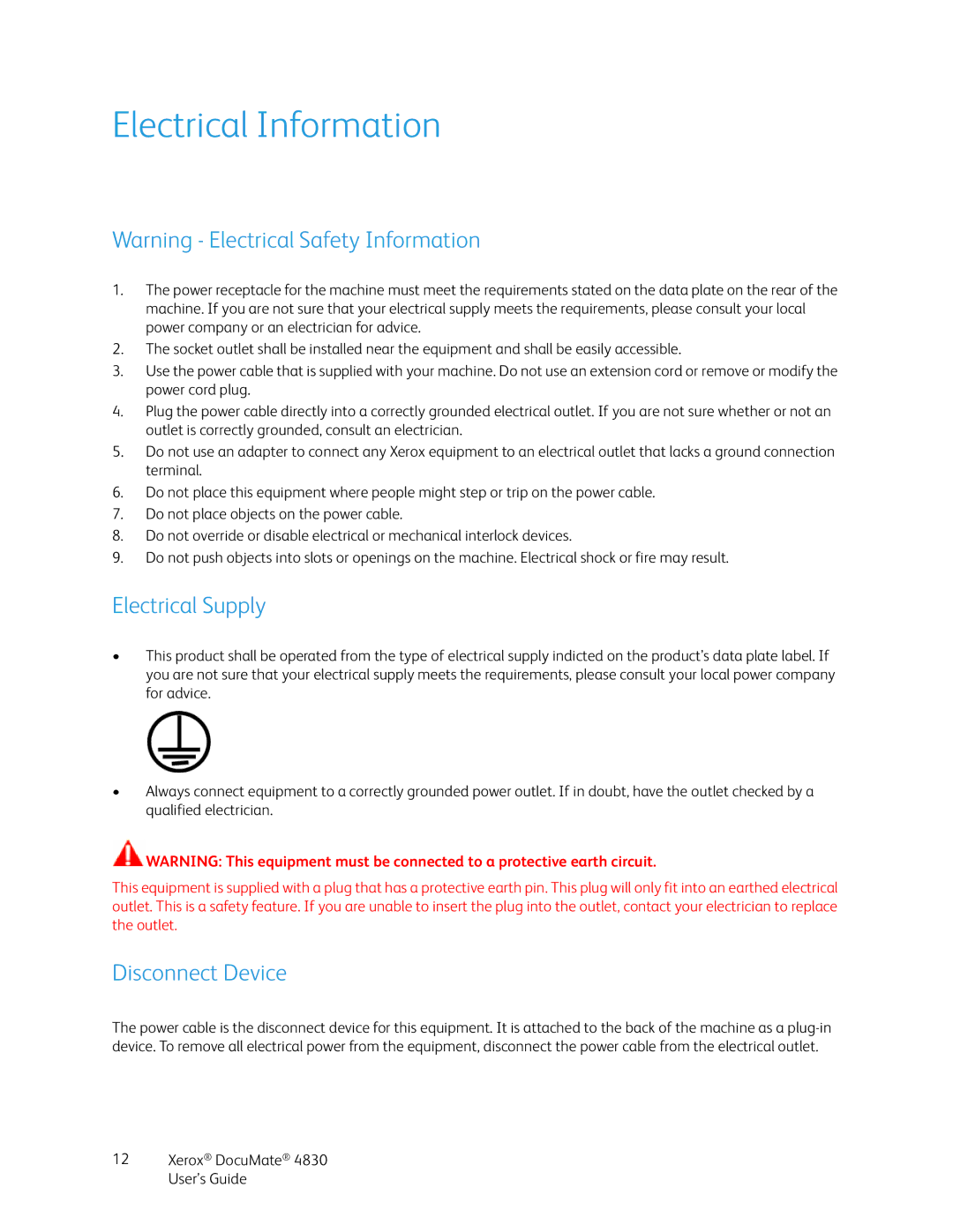 Xerox 4830 manual Electrical Information, Electrical Supply, Disconnect Device 