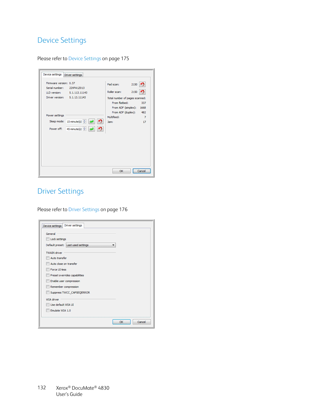 Xerox 4830 manual Device Settings, Driver Settings 