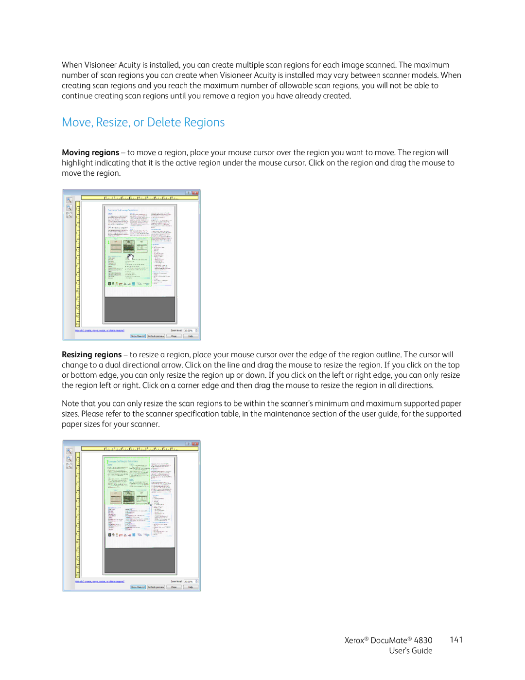 Xerox 4830 manual Move, Resize, or Delete Regions 