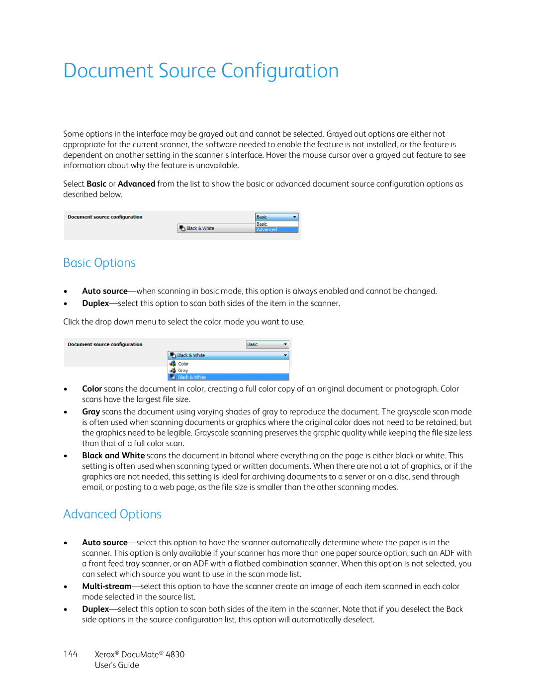 Xerox 4830 manual Document Source Configuration, Basic Options, Advanced Options 