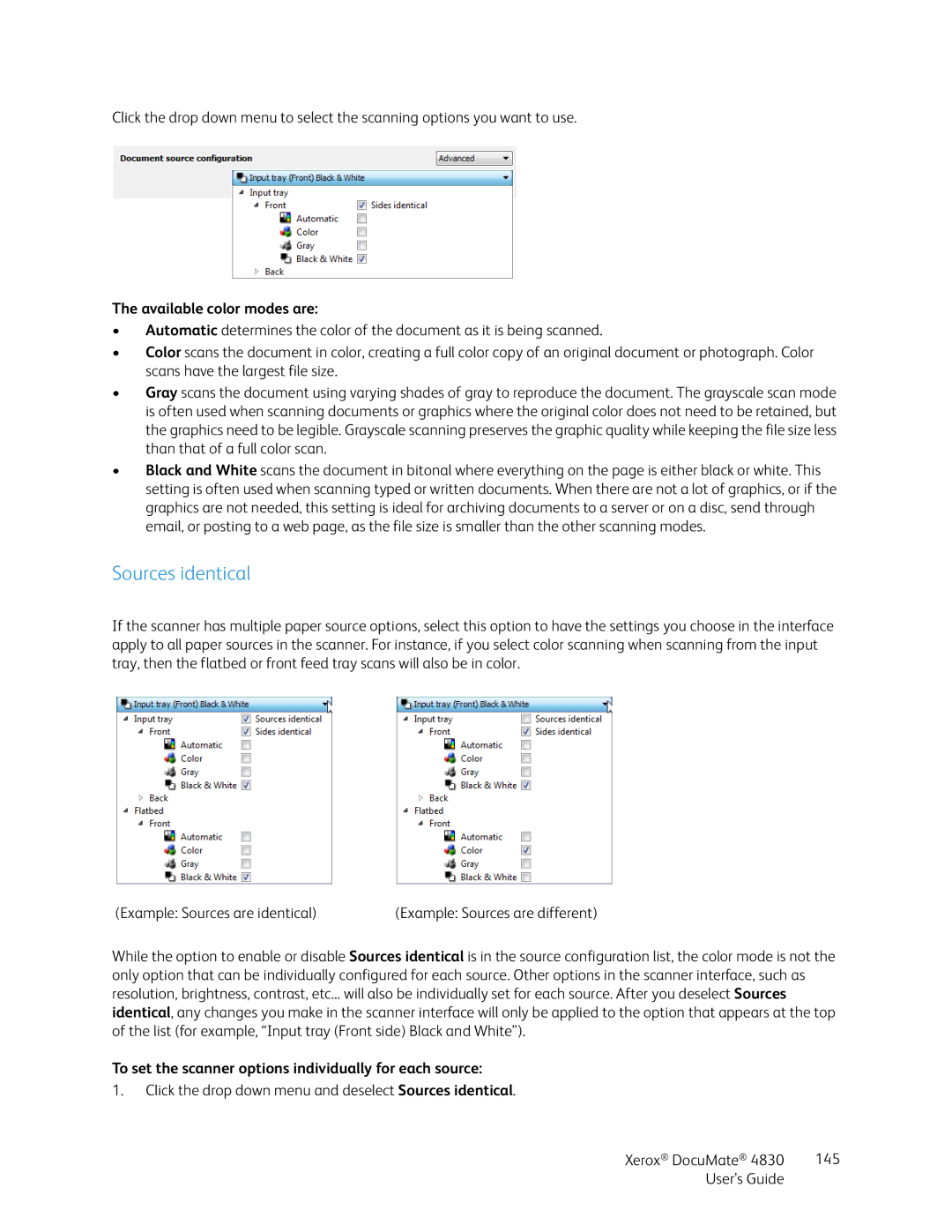 Xerox 4830 manual Sources identical, Available color modes are, To set the scanner options individually for each source 