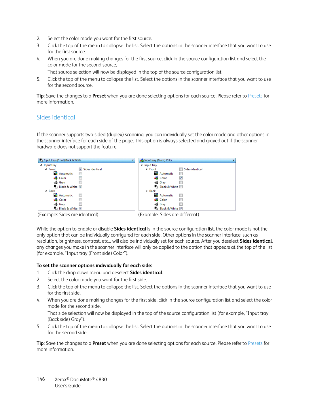 Xerox 4830 manual Sides identical, To set the scanner options individually for each side 