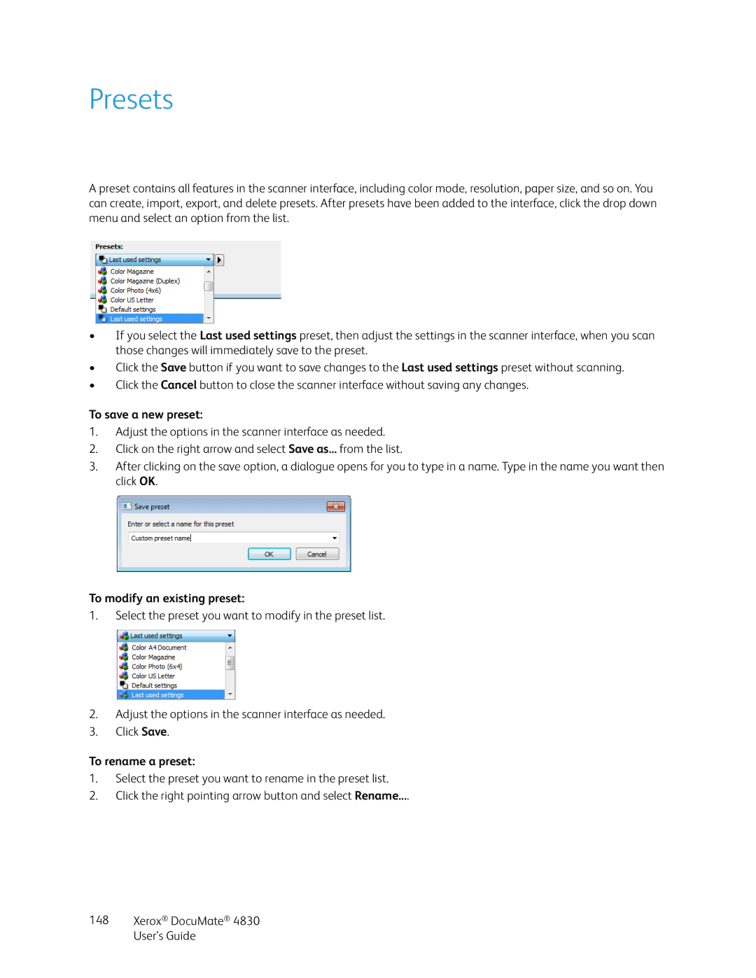 Xerox 4830 manual Presets, To save a new preset, To modify an existing preset, To rename a preset 