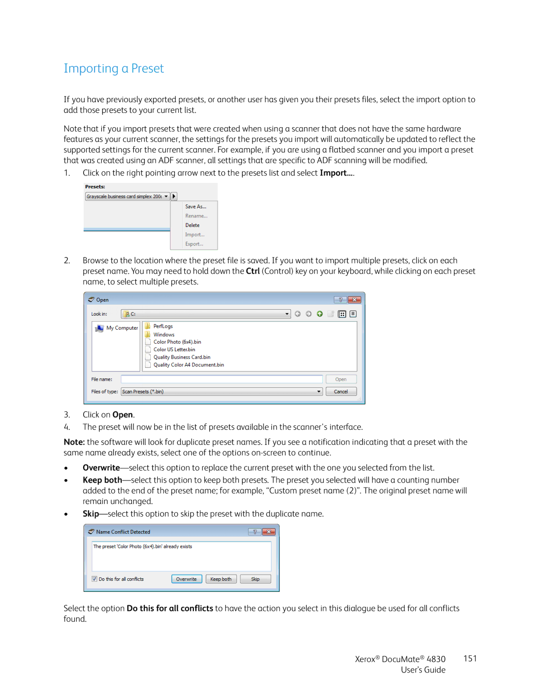 Xerox 4830 manual Importing a Preset 