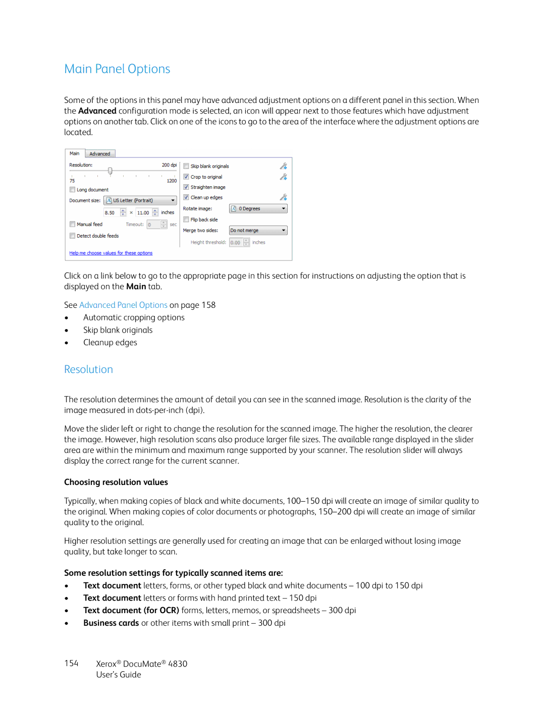 Xerox 4830 manual Main Panel Options, Resolution, Choosing resolution values 