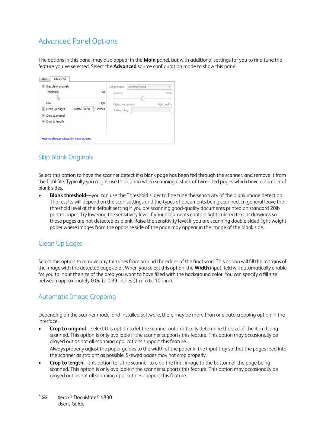 Xerox 4830 manual Advanced Panel Options, Skip Blank Originals, Clean Up Edges, Automatic Image Cropping 