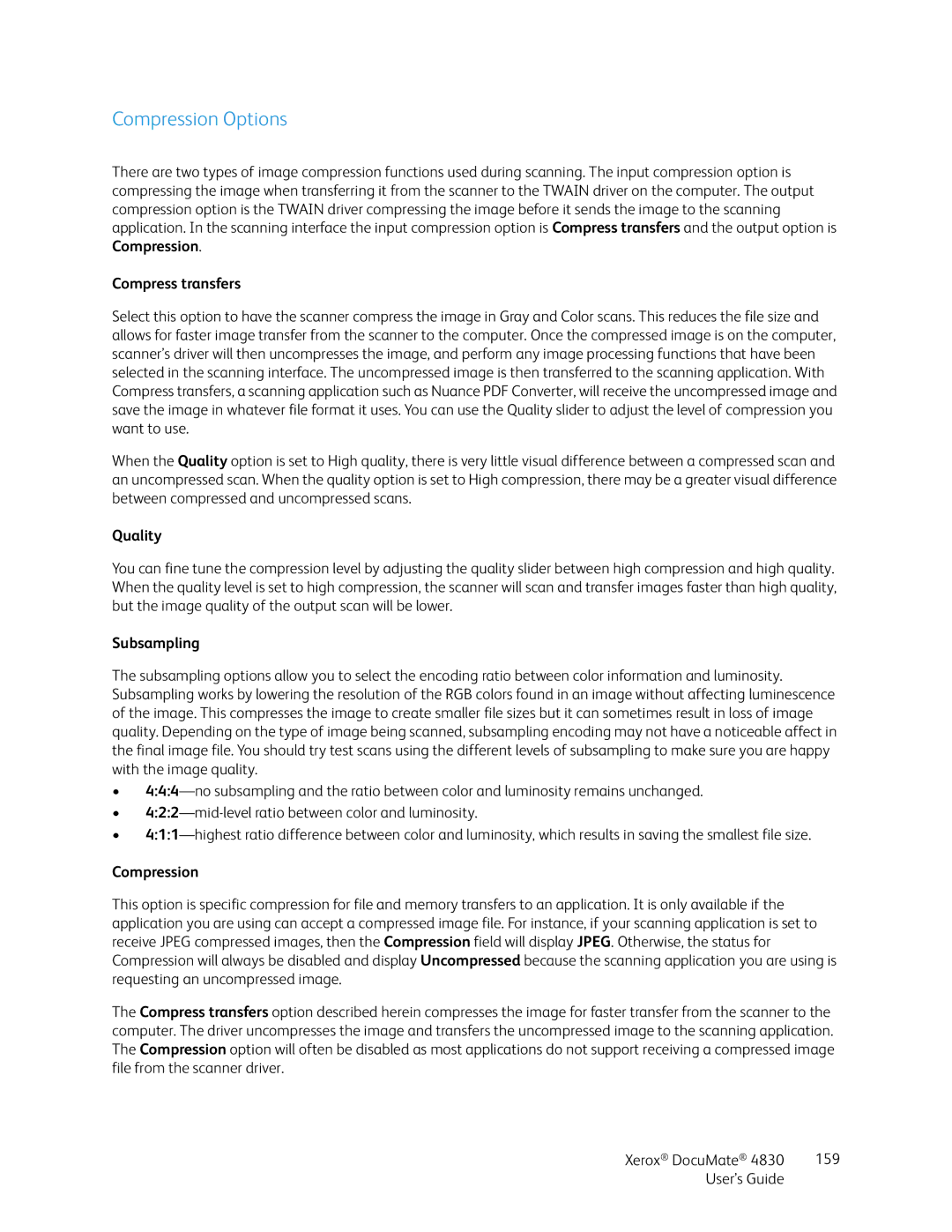 Xerox 4830 manual Compression Options, Compress transfers, Quality, Subsampling 