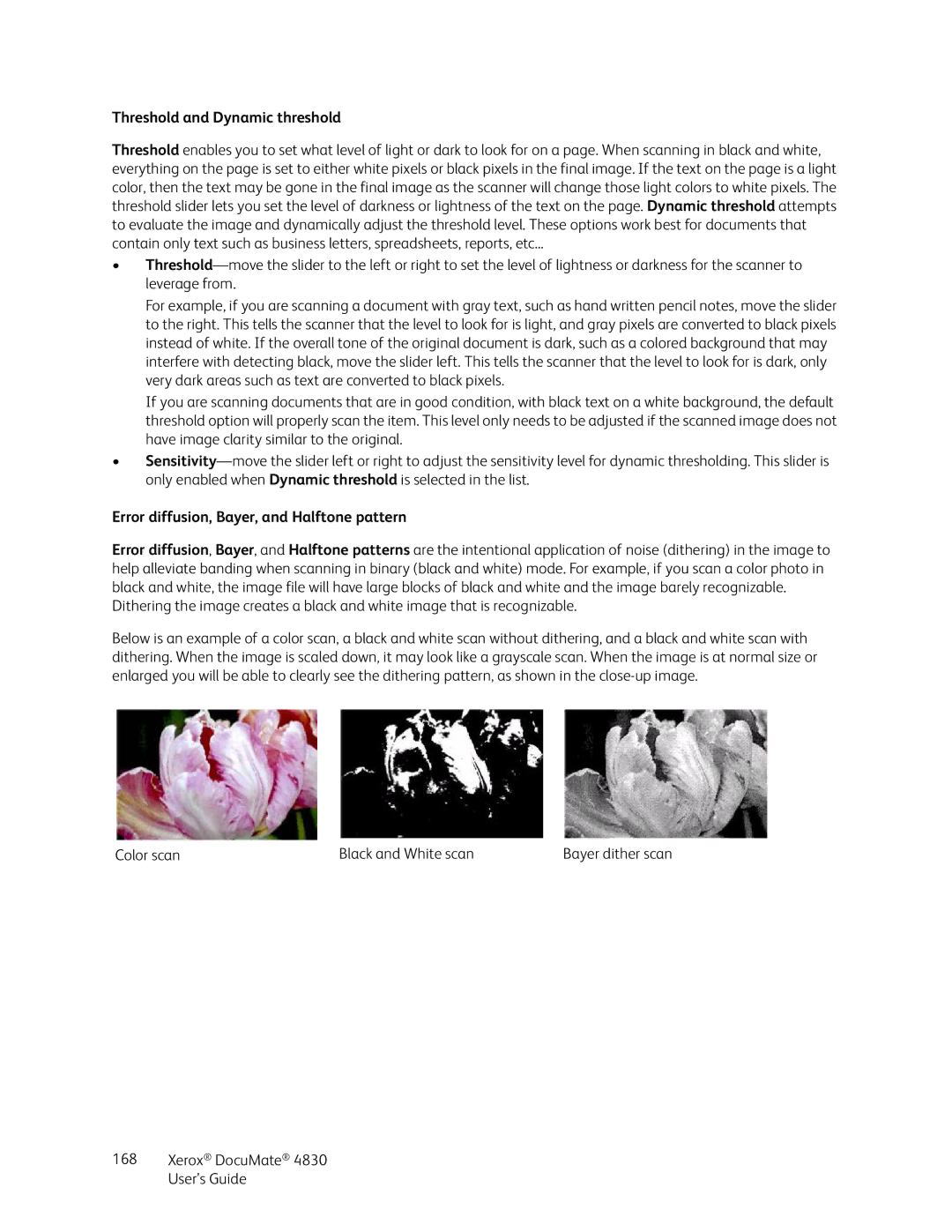 Xerox 4830 manual Threshold and Dynamic threshold, Error diffusion, Bayer, and Halftone pattern 