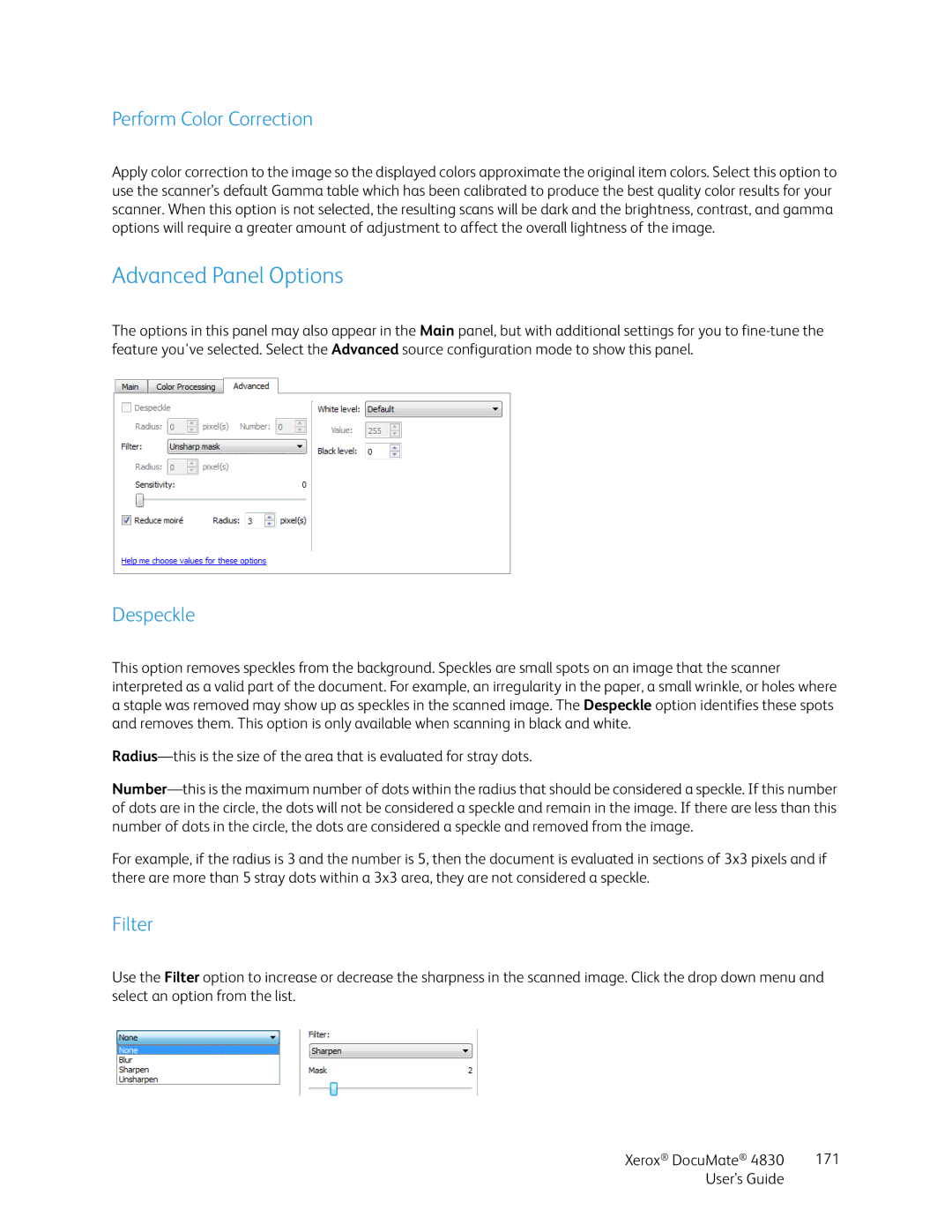 Xerox 4830 manual Perform Color Correction, Despeckle, Filter 