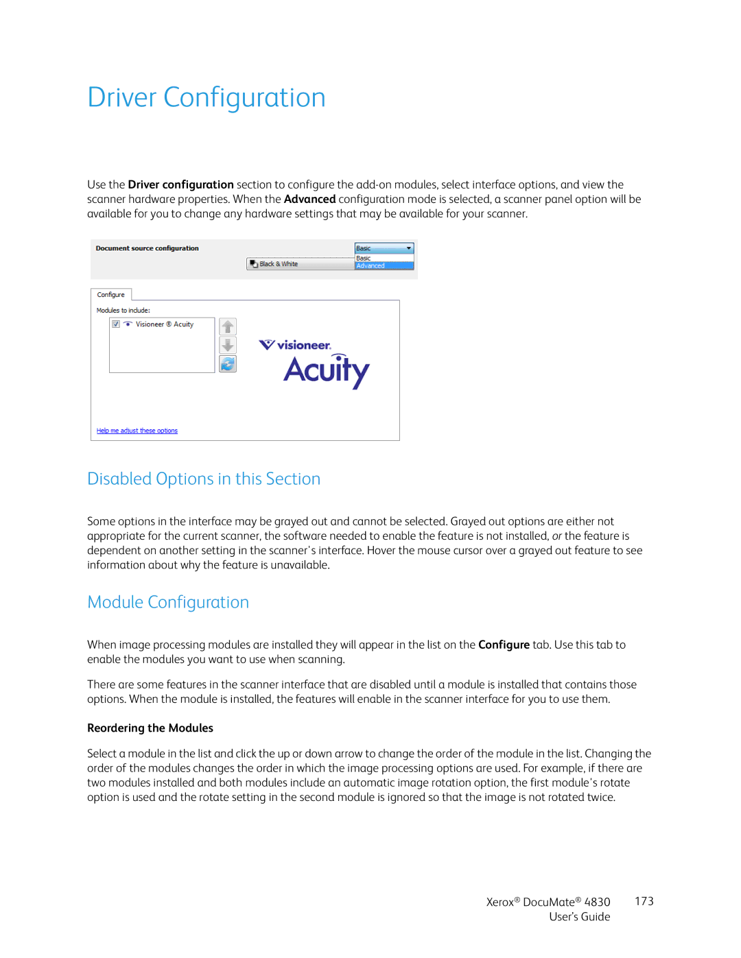 Xerox 4830 manual Driver Configuration, Module Configuration, Reordering the Modules 