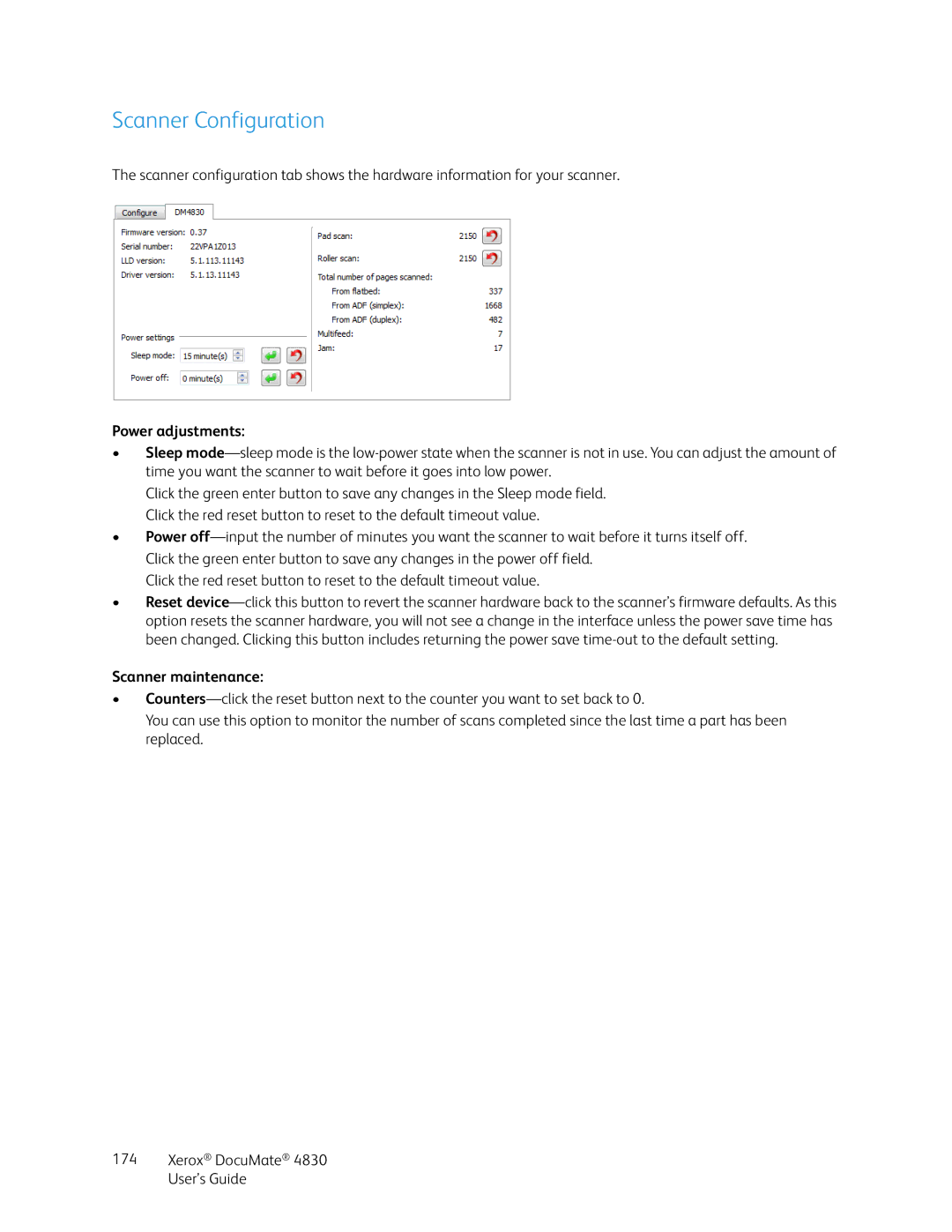 Xerox 4830 manual Scanner Configuration, Power adjustments, Scanner maintenance 