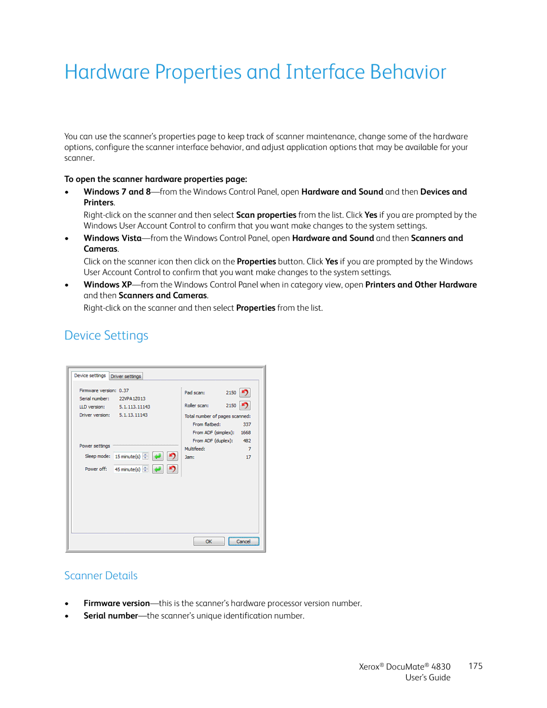 Xerox 4830 manual Hardware Properties and Interface Behavior, Scanner Details, To open the scanner hardware properties 