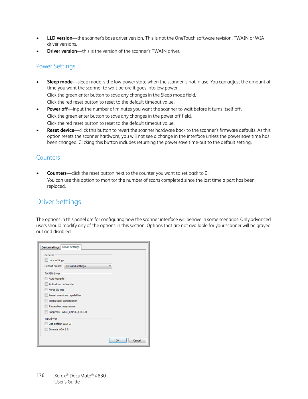 Xerox 4830 manual Power Settings, Counters 