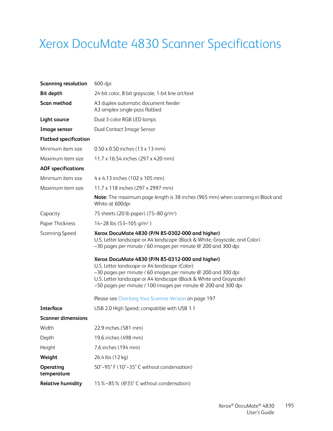 Xerox manual Xerox DocuMate 4830 Scanner Specifications 