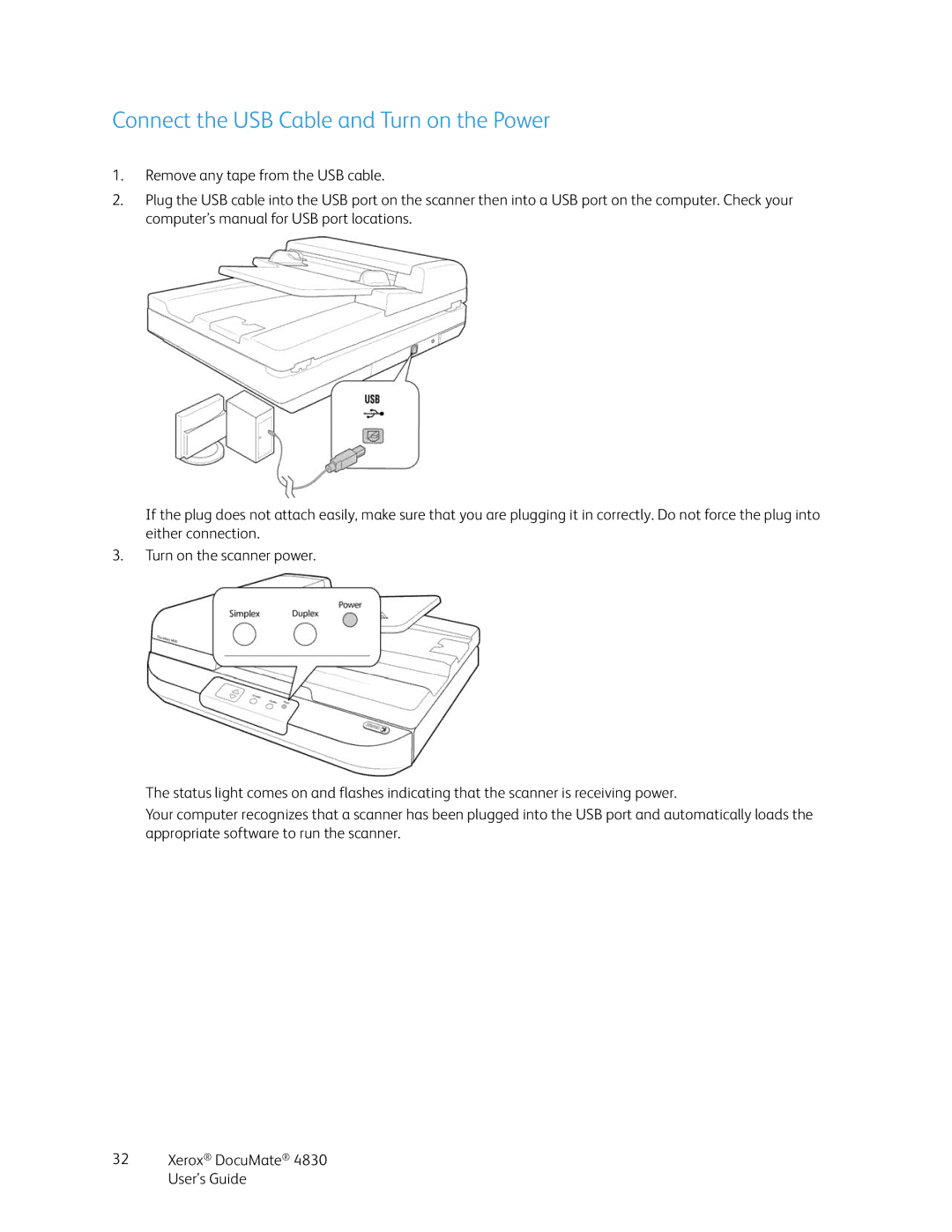 Xerox 4830 manual Connect the USB Cable and Turn on the Power 