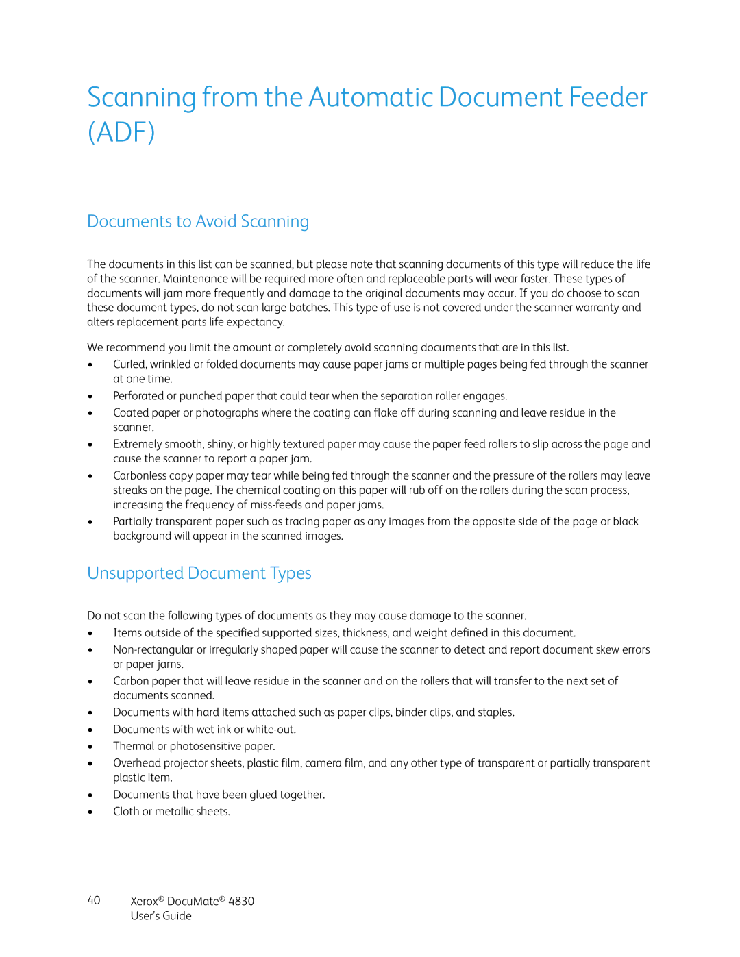 Xerox 4830 manual Scanning from the Automatic Document Feeder ADF, Documents to Avoid Scanning, Unsupported Document Types 