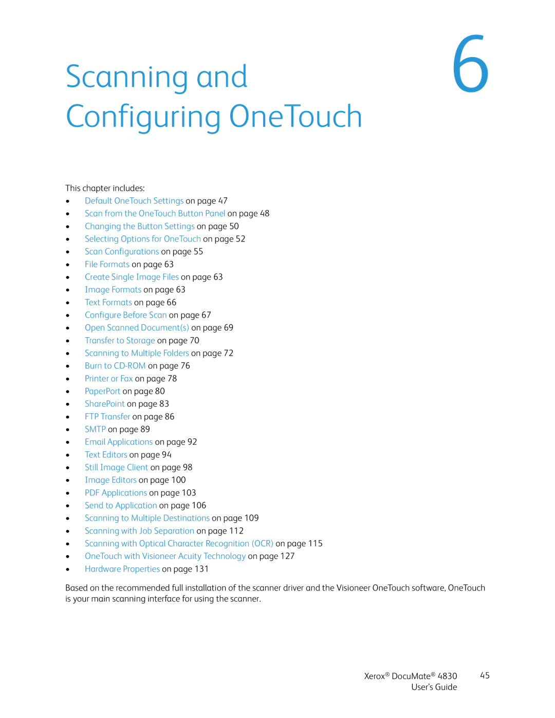 Xerox 4830 manual Scanning Configuring OneTouch 