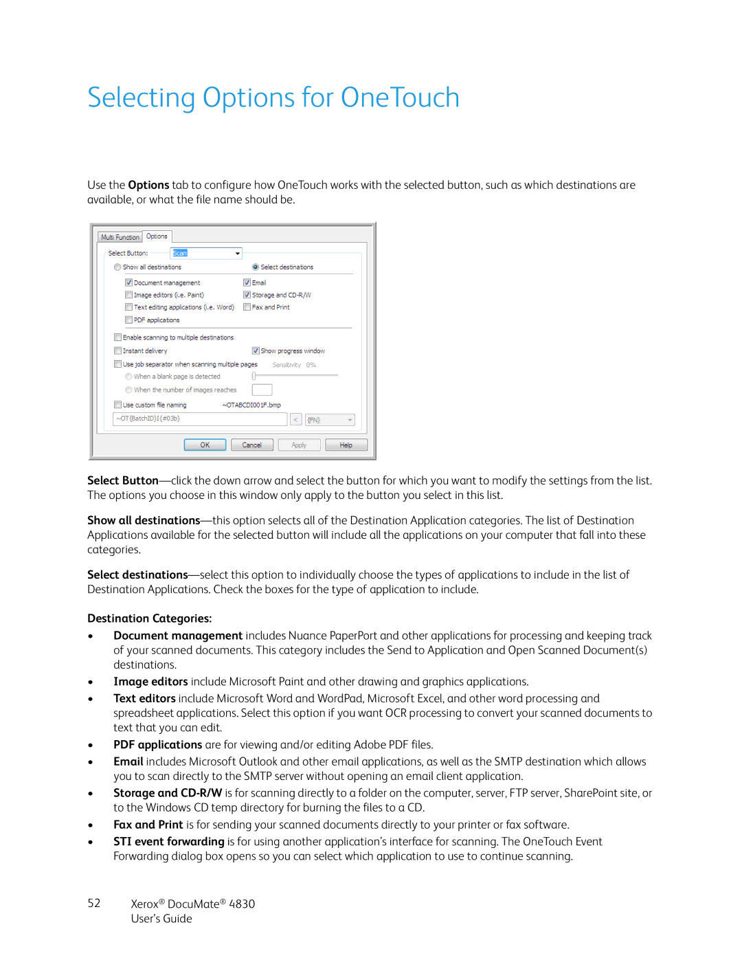 Xerox 4830 manual Selecting Options for OneTouch, Destination Categories 