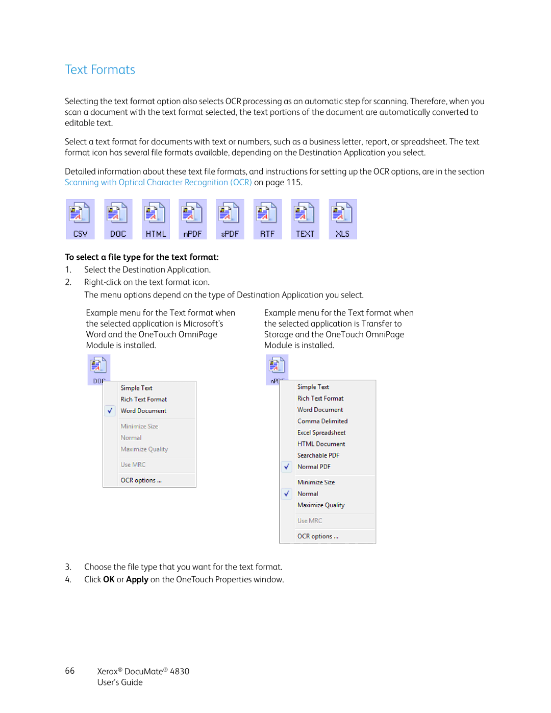 Xerox 4830 manual Text Formats, To select a file type for the text format 