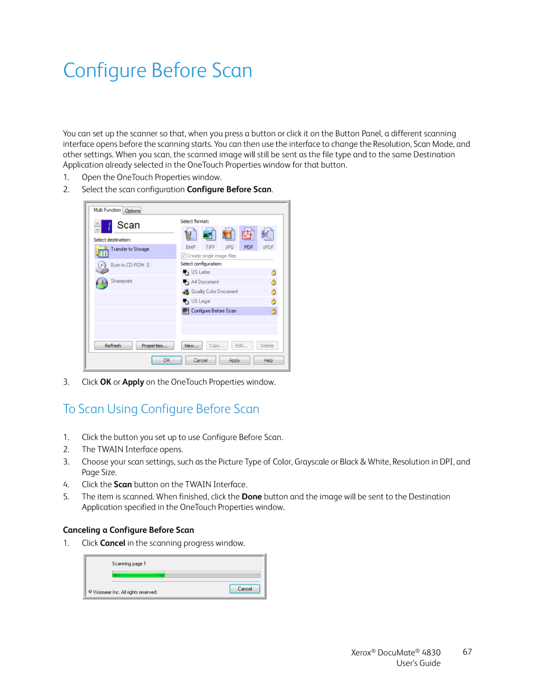 Xerox 4830 manual To Scan Using Configure Before Scan, Canceling a Configure Before Scan 