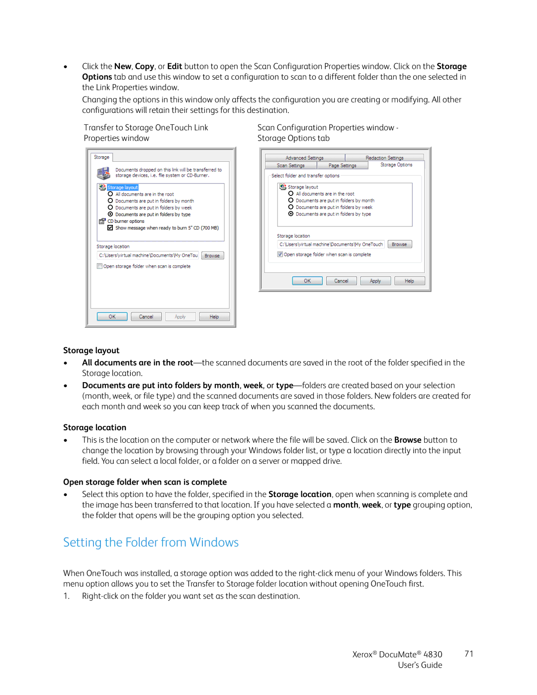 Xerox 4830 Setting the Folder from Windows, Storage layout, Storage location, Open storage folder when scan is complete 