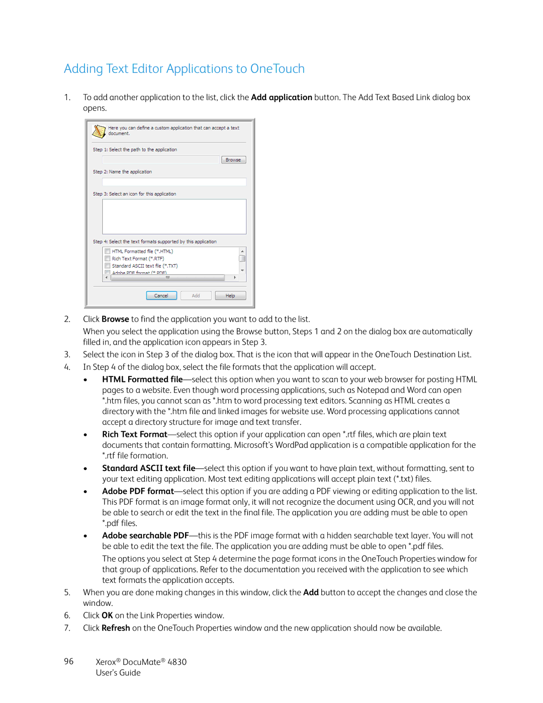 Xerox 4830 manual Adding Text Editor Applications to OneTouch 