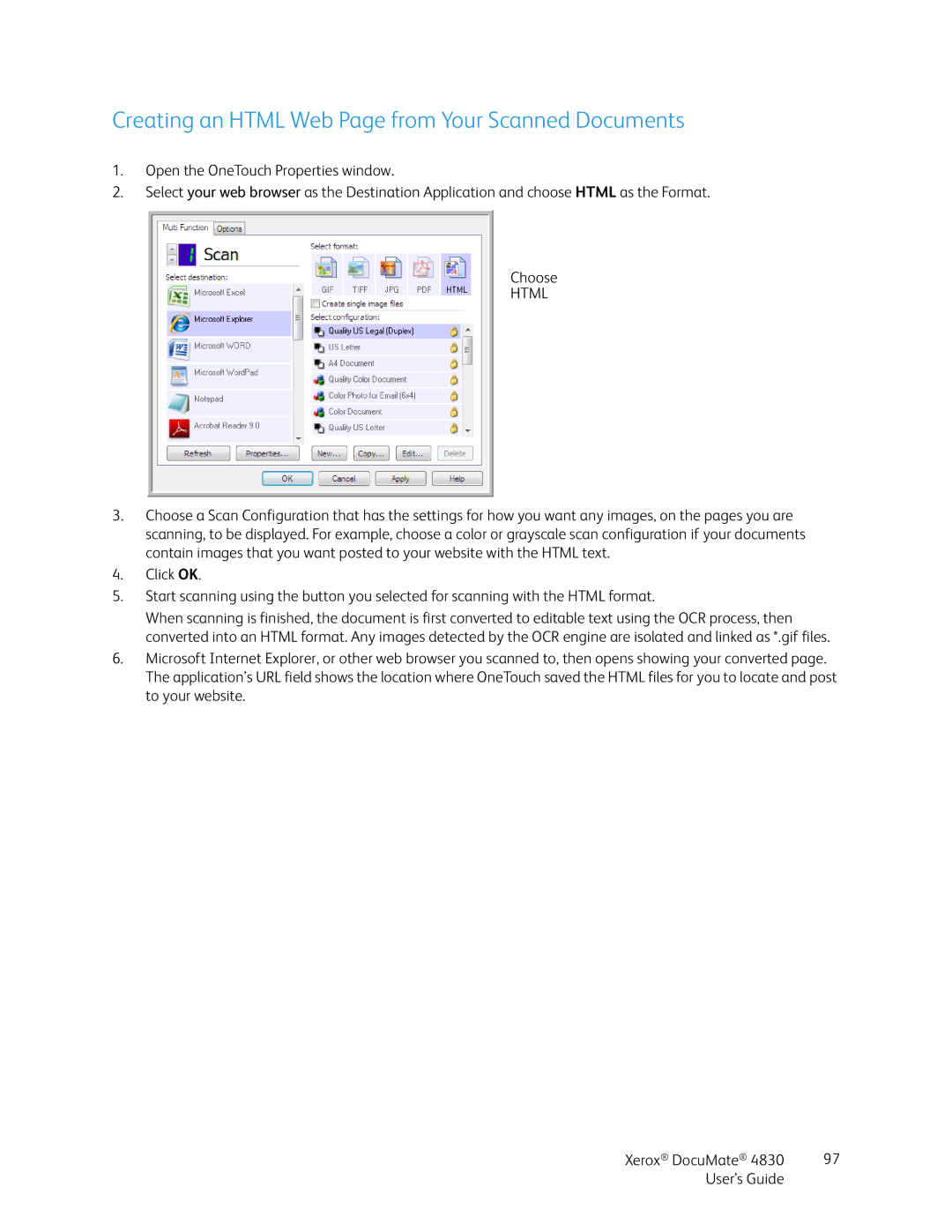 Xerox 4830 manual Creating an Html Web Page from Your Scanned Documents 