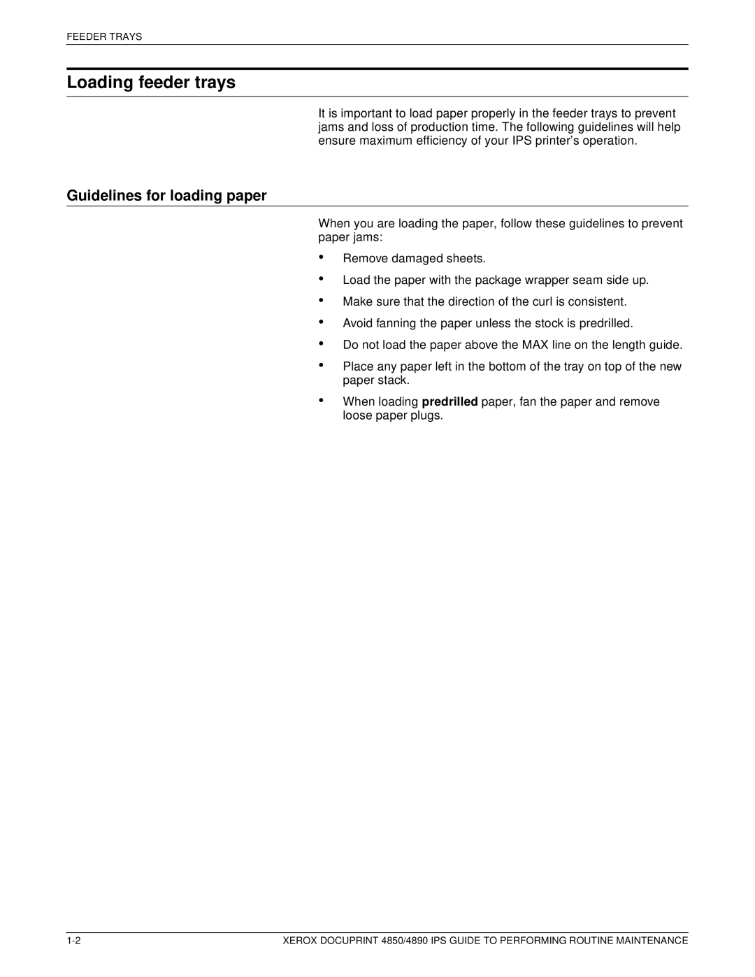 Xerox 4890 IPS manual Loading feeder trays, Guidelines for loading paper 