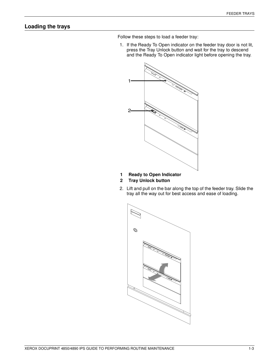 Xerox 4890 IPS manual Loading the trays, Ready to Open Indicator Tray Unlock button 