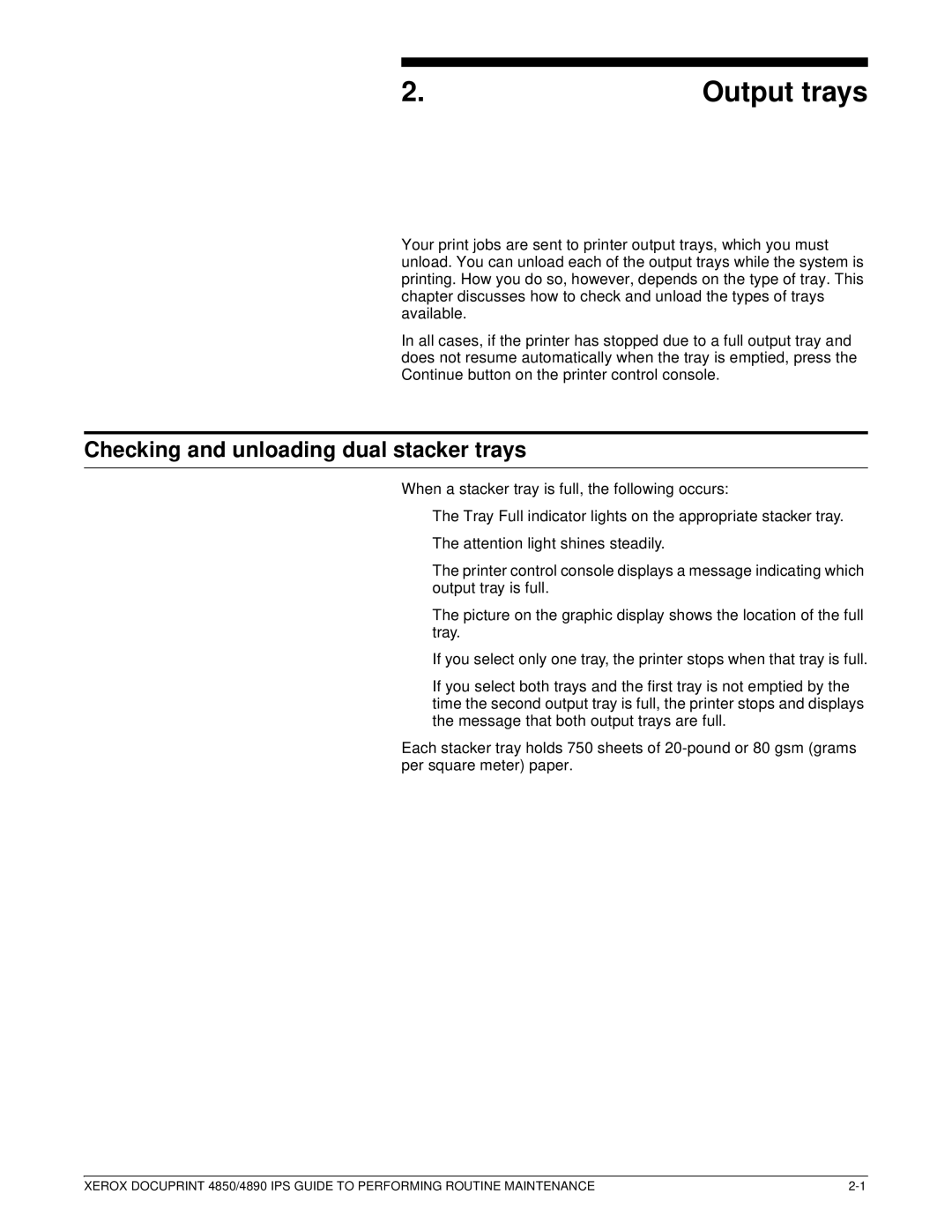 Xerox 4890 IPS manual Output trays, Checking and unloading dual stacker trays 