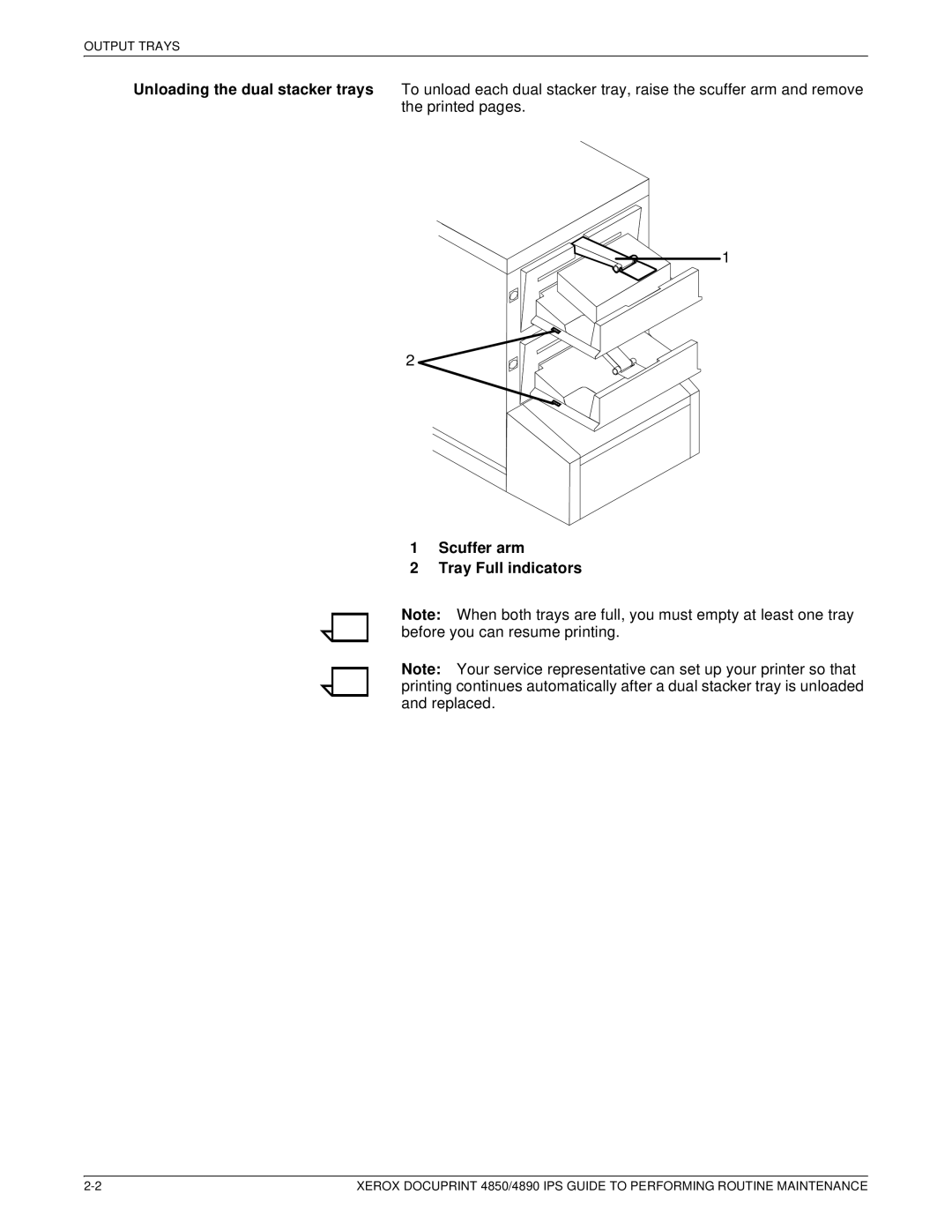 Xerox 4890 IPS manual Scuffer arm Tray Full indicators 