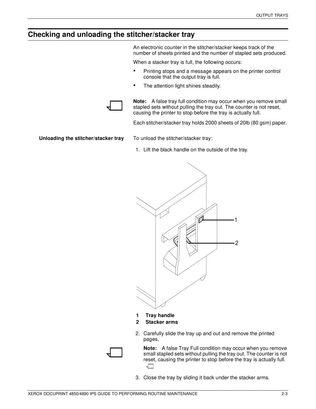 Xerox 4890 IPS manual Checking and unloading the stitcher/stacker tray, Tray handle Stacker arms 