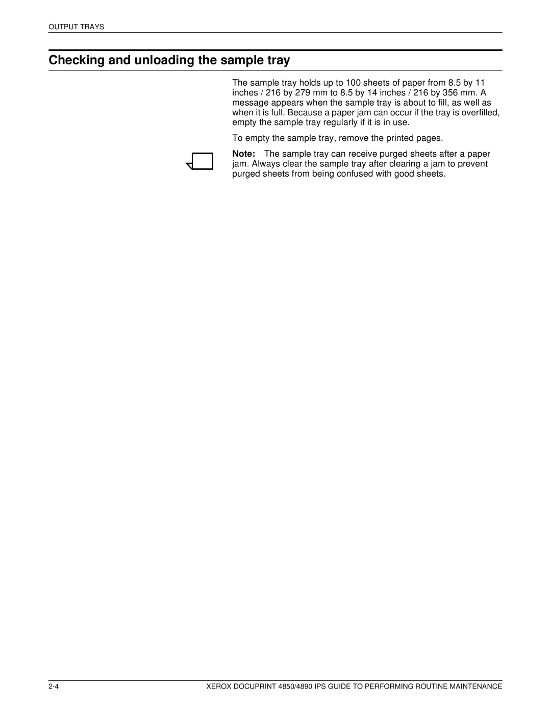 Xerox 4890 IPS manual Checking and unloading the sample tray 