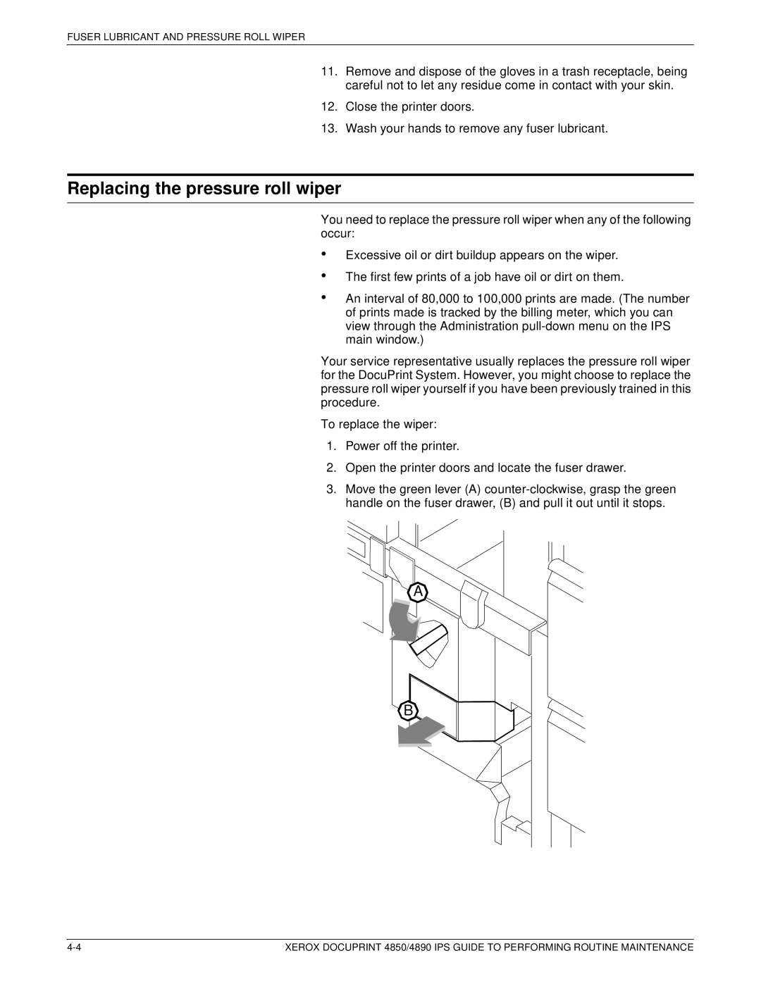 Xerox 4890 IPS manual Replacing the pressure roll wiper 