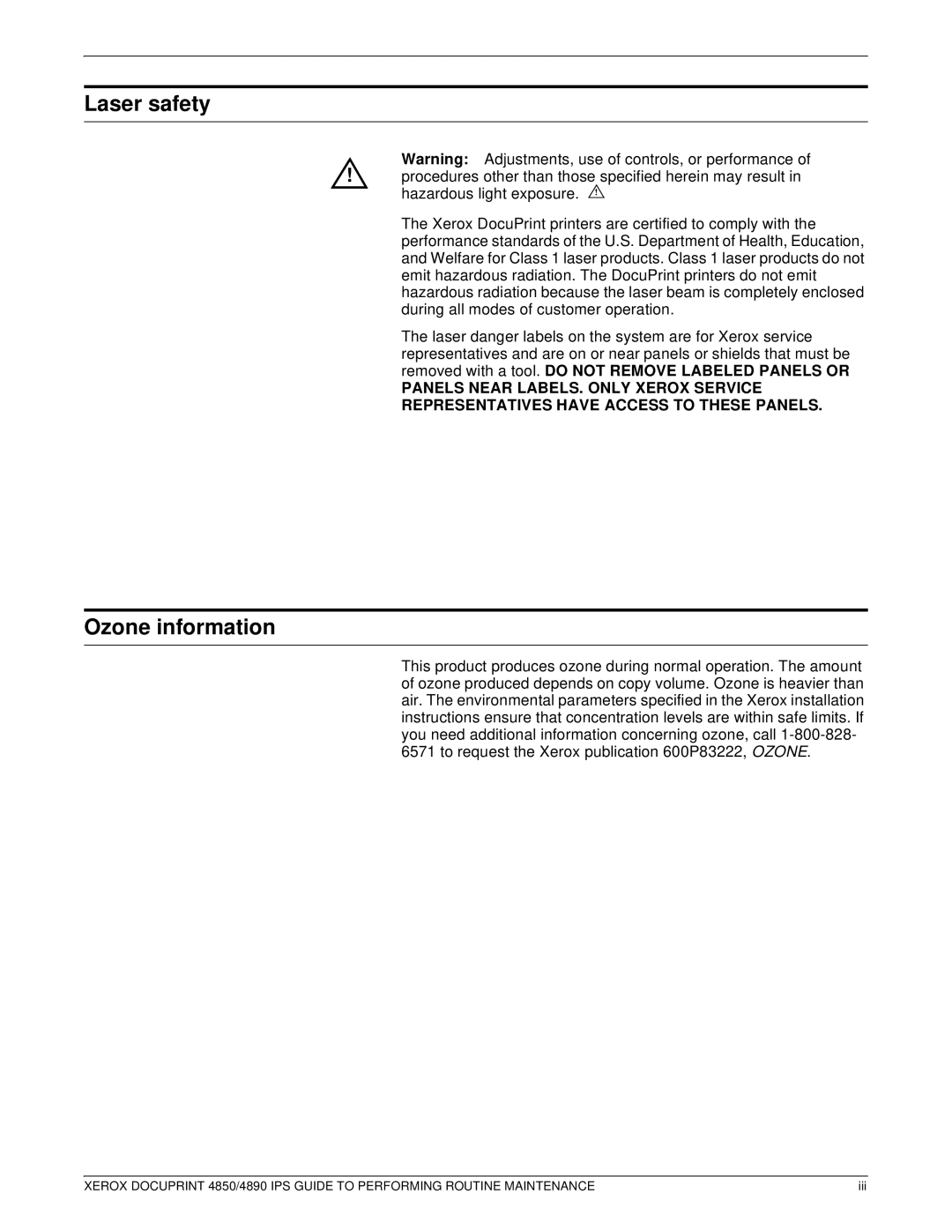 Xerox 4890 IPS manual Laser safety, Ozone information 