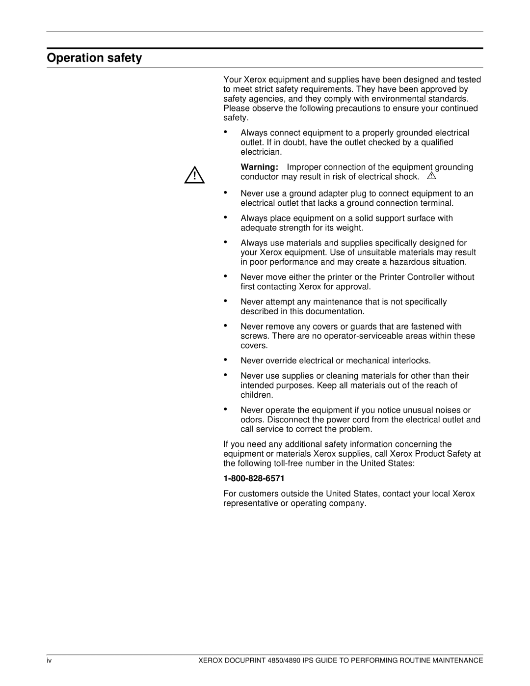 Xerox 4890 IPS manual Operation safety 
