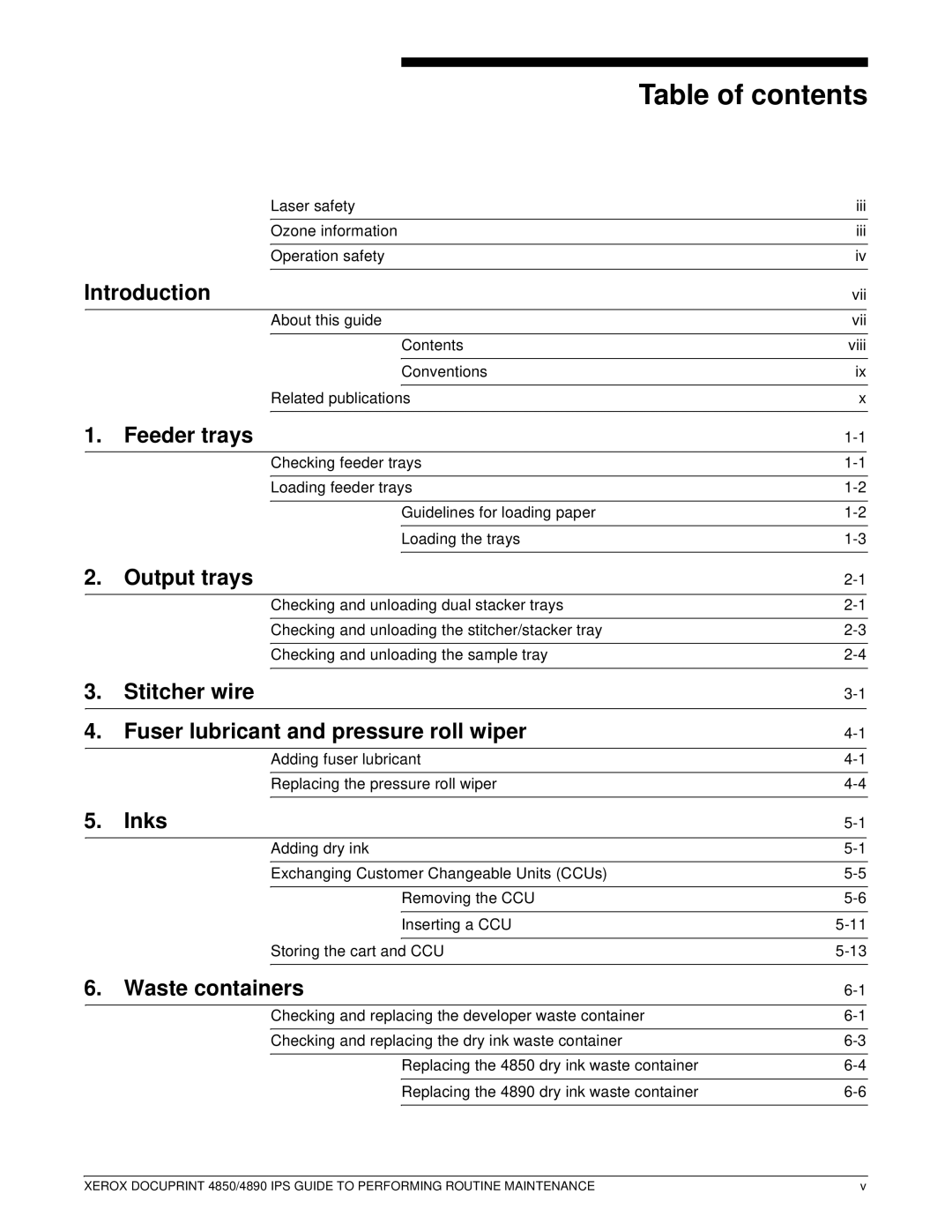 Xerox 4890 IPS manual Table of contents 