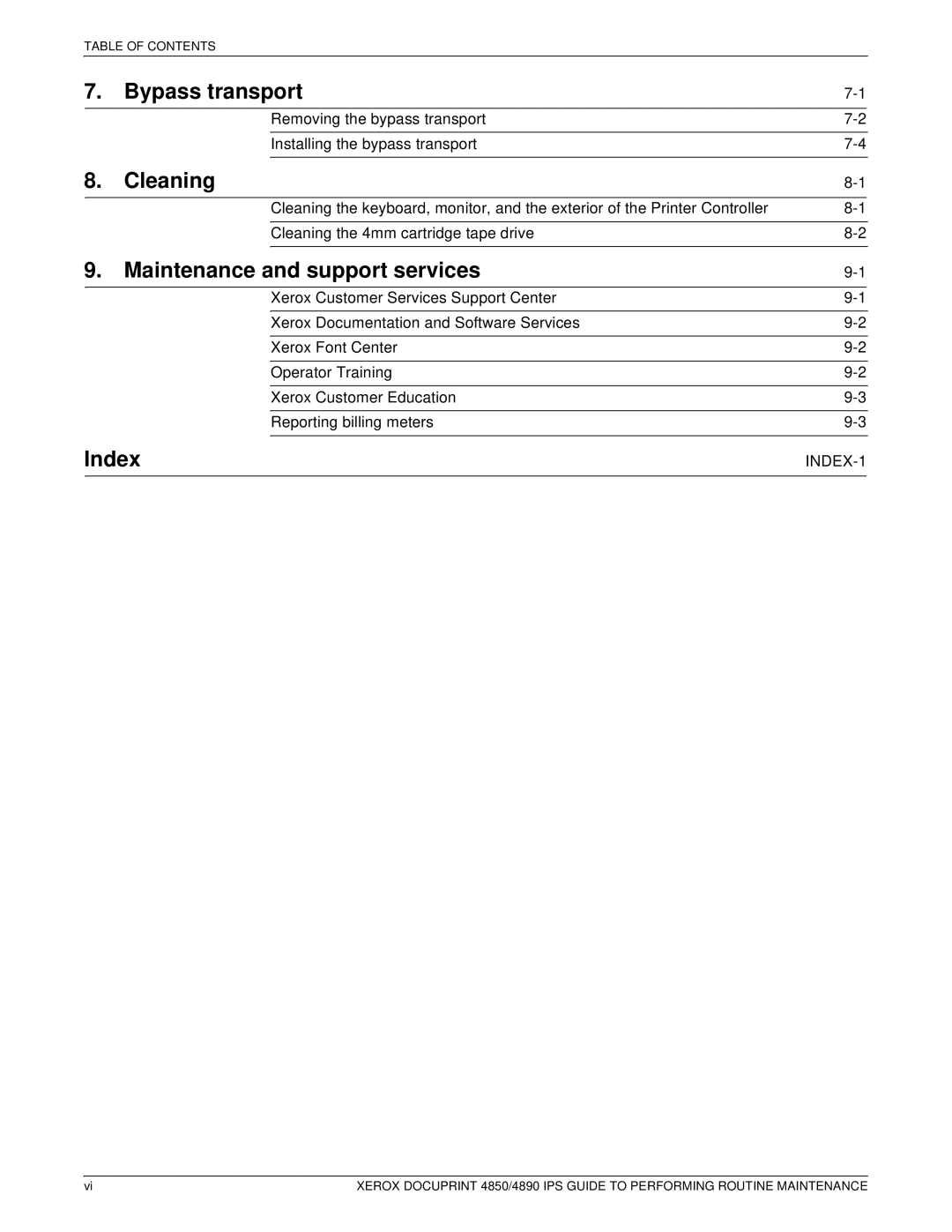 Xerox 4890 IPS manual Bypass transport, Cleaning, Maintenance and support services, Index 