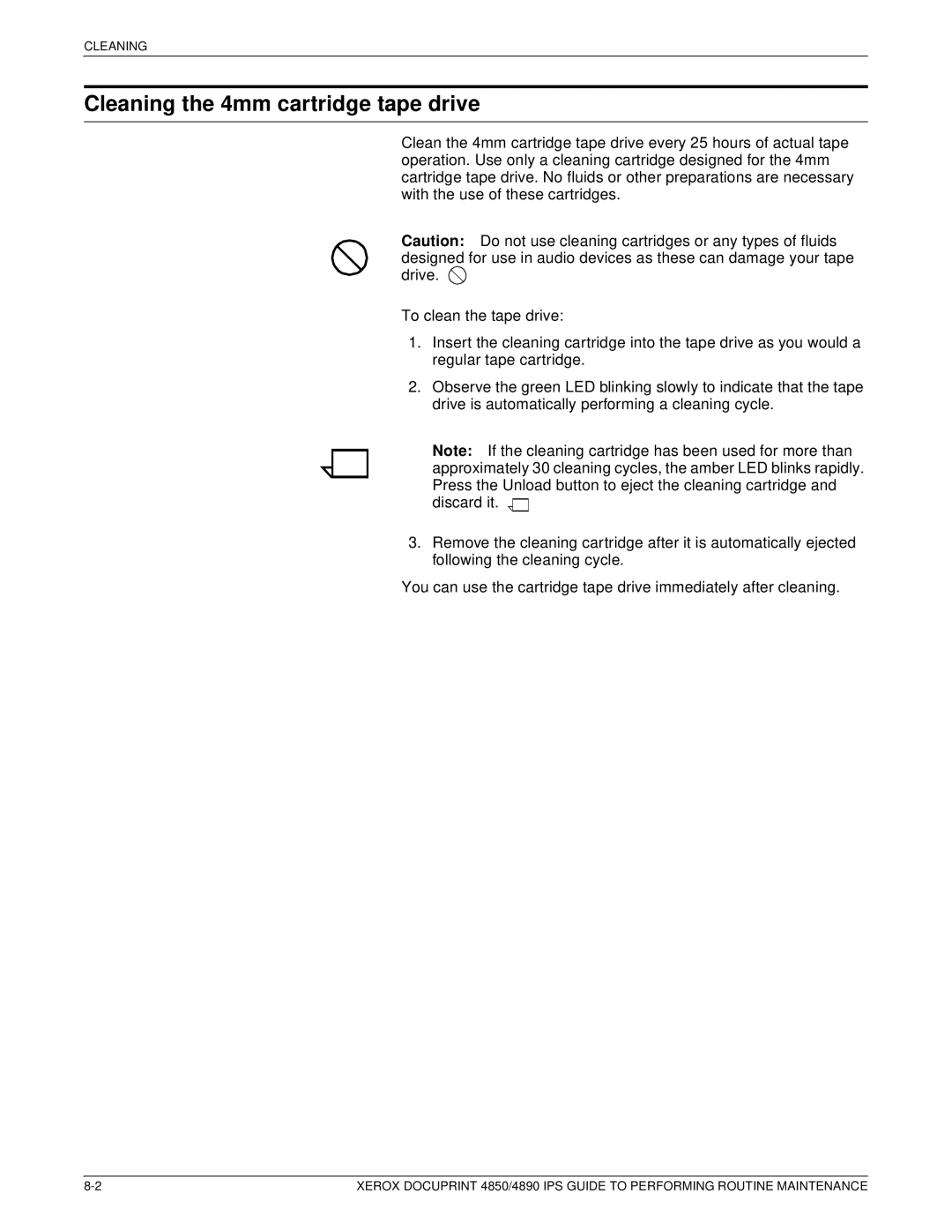 Xerox 4890 IPS manual Cleaning the 4mm cartridge tape drive 