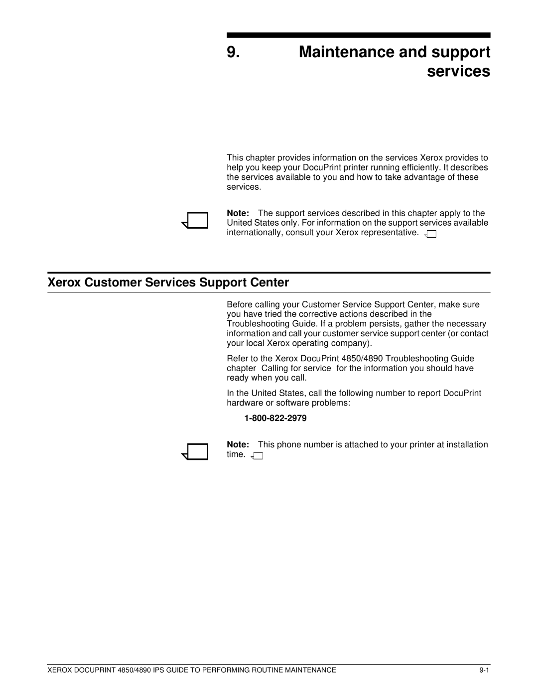 Xerox 4890 IPS manual Maintenance and support services, Xerox Customer Services Support Center 