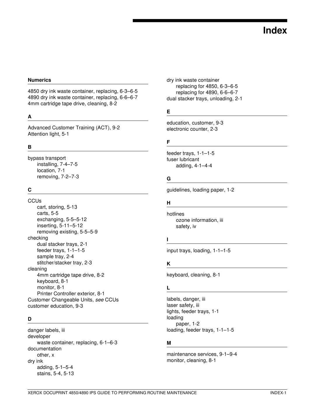 Xerox 4890 IPS manual Index, Numerics 