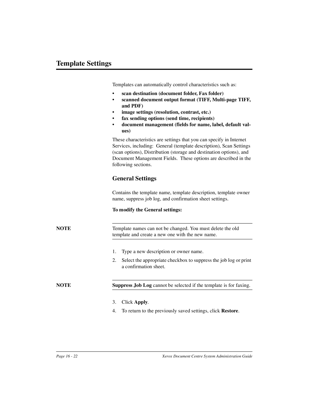 Xerox 490 ST, 480 ST manual Template Settings, General Settings, To modify the General settings 