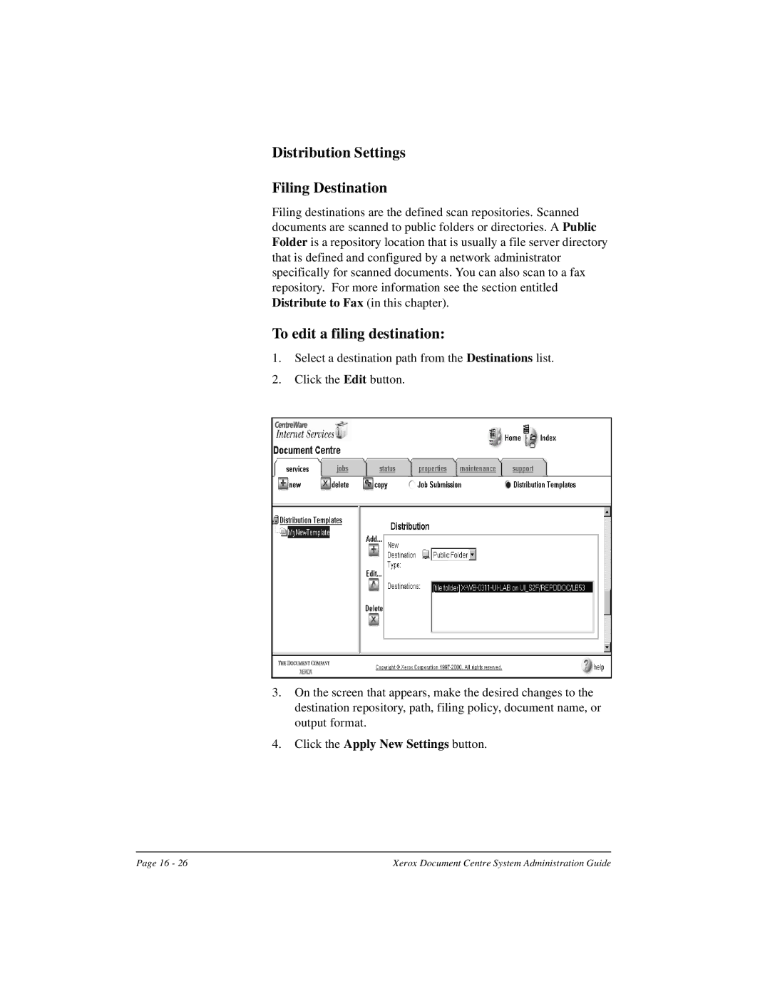 Xerox 490 ST Distribution Settings Filing Destination, To edit a filing destination, Click the Apply New Settings button 