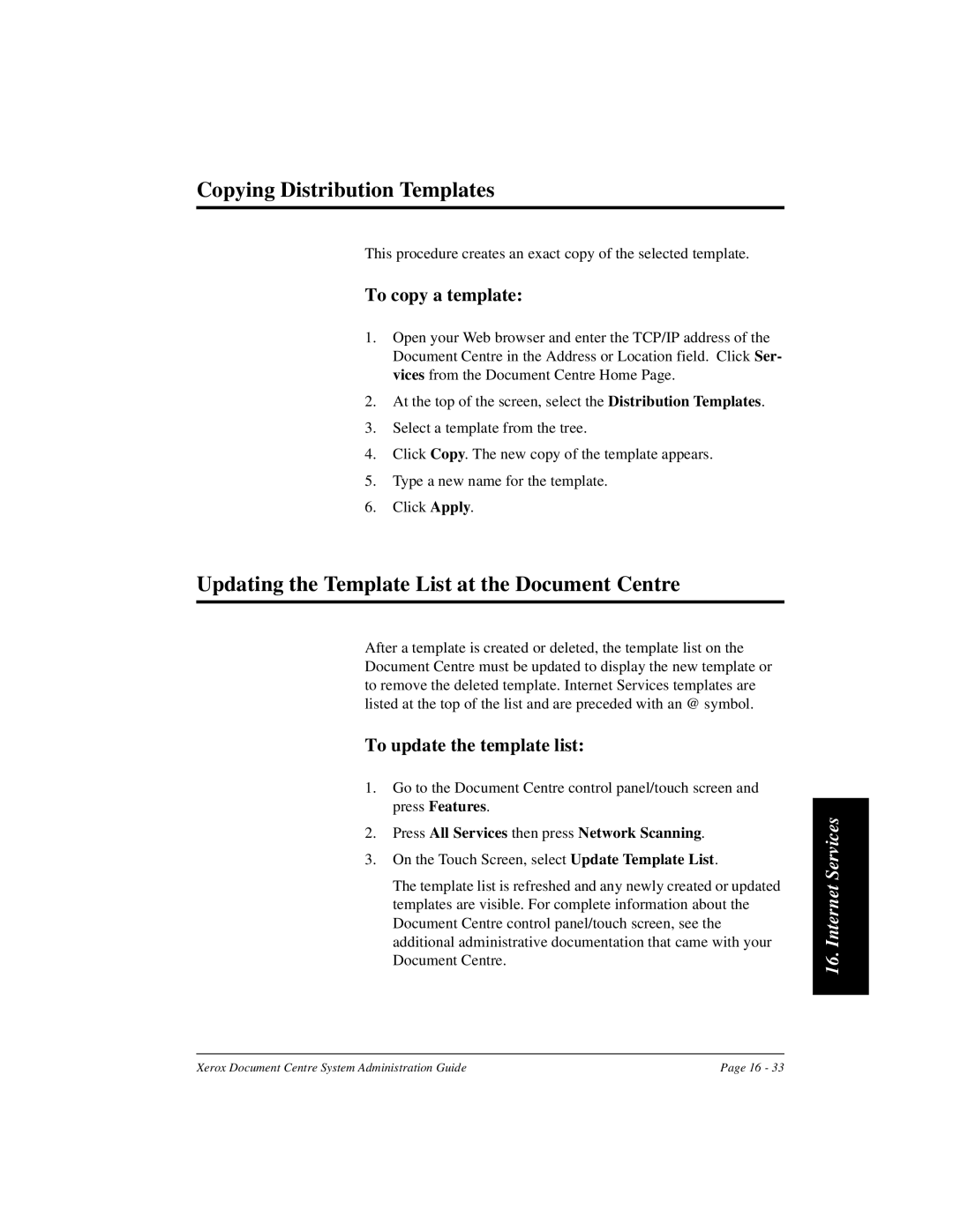 Xerox 480 ST, 490 ST Copying Distribution Templates, Updating the Template List at the Document Centre, To copy a template 