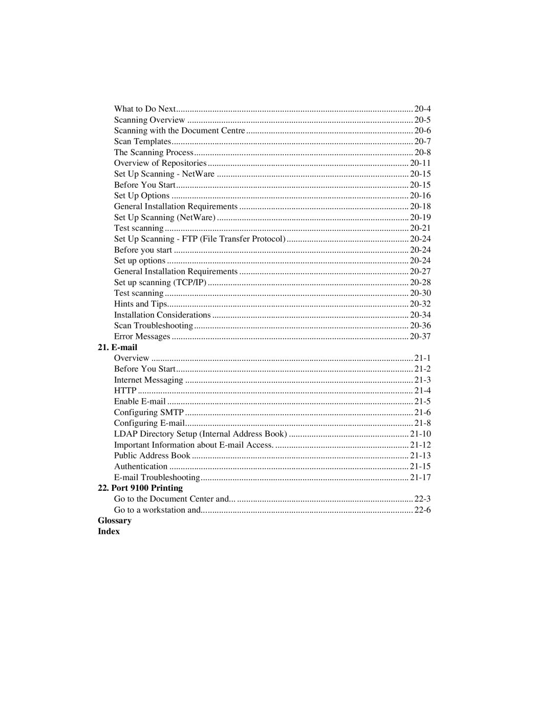 Xerox 490 ST, 480 ST manual Mail, Port 9100 Printing, Glossary Index 