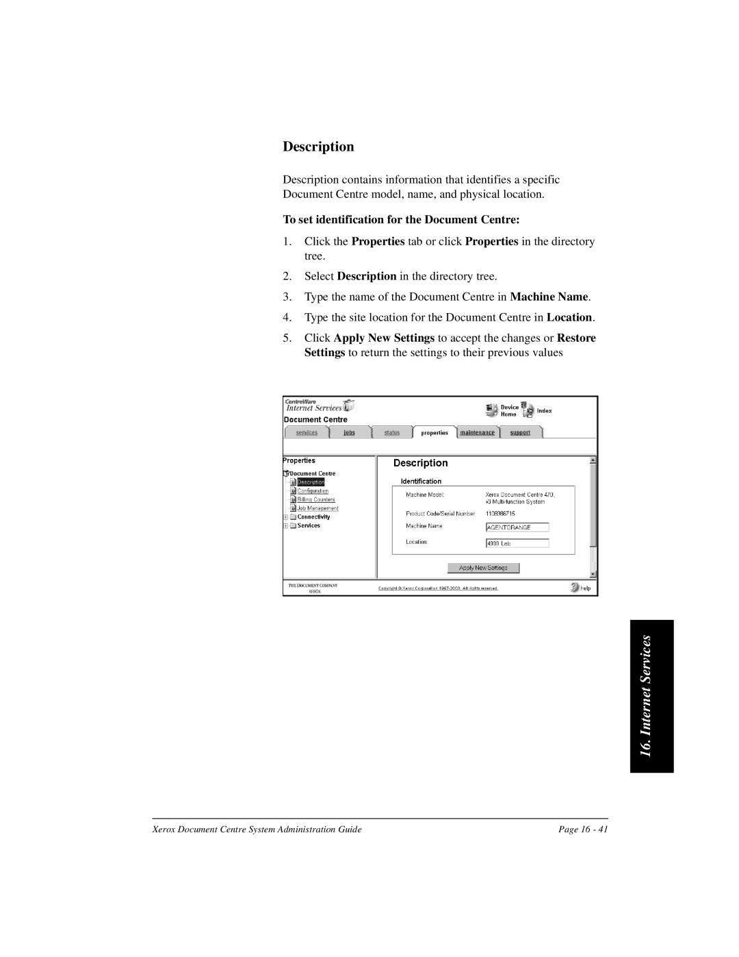 Xerox 480 ST, 490 ST manual Description, To set identification for the Document Centre 